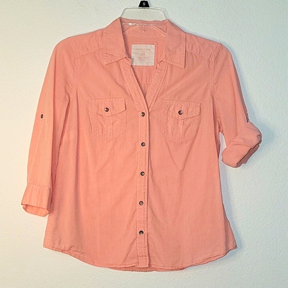 Sonoma 100% Cotton, Roll-Tab Button Down Shirt, Blouse, SP Petite, Peach, EUC